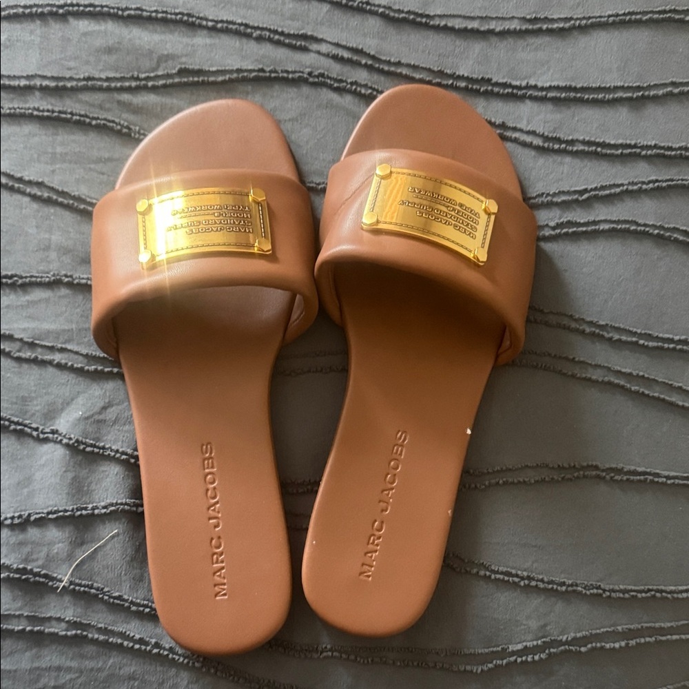 Marc Jacobs Tan Slide Sandals with Gold Plaque
